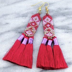 Earrings. Fuchsia Color, Triple Tassels, Seed Beaded. NWT.